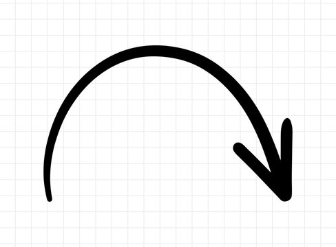 Single black hand drawn arched arrow pointing down to the right on a white grid background for graphic design