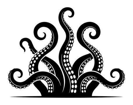 Black silhouette of a giant kraken octopus tentacles rising from the deep sea for a mysterious marine creature design