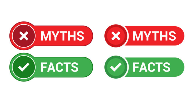 Myths and facts labels with check mark and cross sign icons for true or false information verification design set