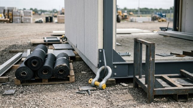 Modular construction fit with aligned wall panels, corner castings, lifting shackles, membrane rolls, and delivery cradle.