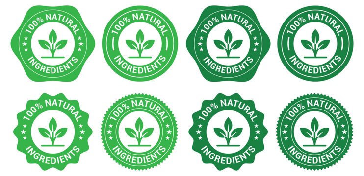 Collection of eight green 100% natural ingredient badges with leaf icon and distressed edges