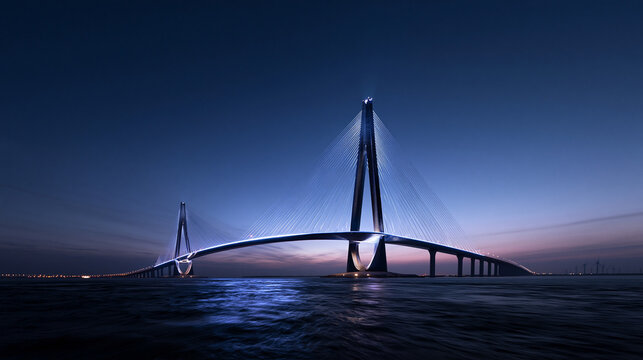 Illuminated Modern Cable Stayed Bridge Spanning Sea at Night