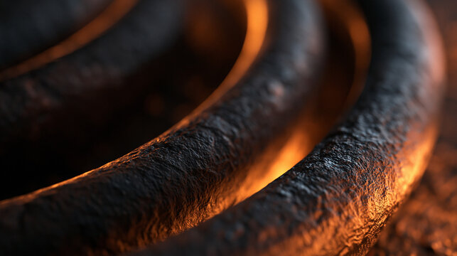 Close Up of Dark Coiled Sausage Cooking on Grill