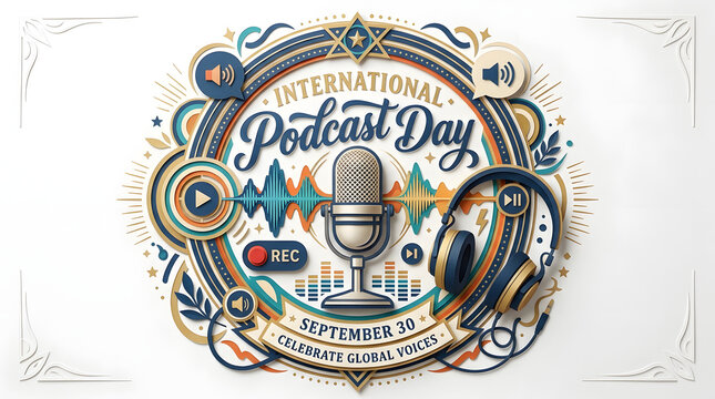 International podcast day decorative badge with ornate microphone headphones and audio elements