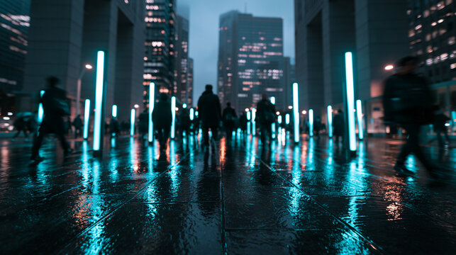 Futuristic City Street at Night with Glowing Neon Light Installations