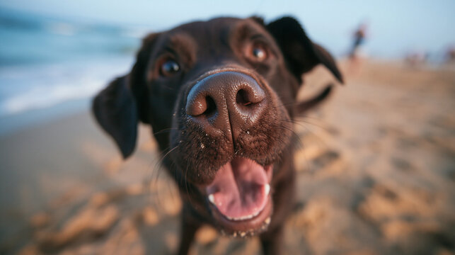Happy Chocolate Labrador Dog on Sandy Beach Close Up
