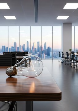 A single clear glass lightbulb sits atop a polished wooden table inside a vast empty corporate office with large windows viewing a city, workspace, interior, minimal