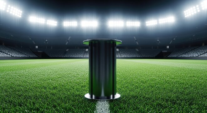 A sleek cylindrical podium stands at the center of a lush green turf field within a massive empty sports stadium under bright floodlights, modern, award, event