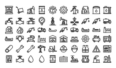 Fototapeta premium Oil Industry and Industrial Equipment Flat Line Icons, Manufacturing and Petroleum Vector Set
