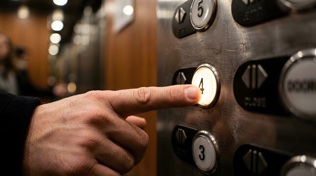 Hand pressing illuminated number four button inside modern metal elevator control panel.