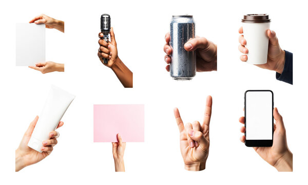 Hands holding objects like paper microphone can coffee cup tube pink sign rock gesture and smartphone on transparent.