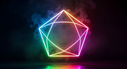 Naklejka premium Vibrant glowing neon pentagon geometric structure illuminated by colorful smoke, creating an ethereal and mystical atmosphere.