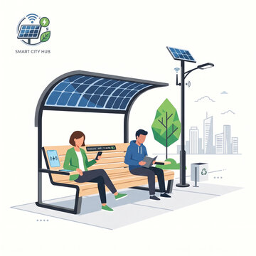 Solar powered smart bench with wireless charging in a modern sustainable city park.