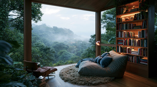 Cozy Modern Reading Nook with Panoramic Rainforest View