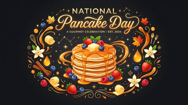 National pancake day celebration design with floral frame breakfast national celebration delicious