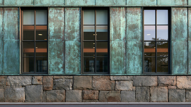 Modern Architectural Facade with Patinated Copper Panels and Windows