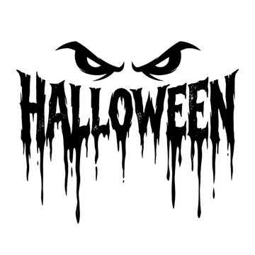 Black halloween text with dripping paint effect and scary evil eyes isolated on a white background