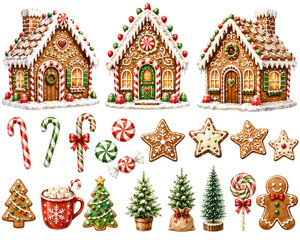 Fototapeta premium Watercolor Christmas Gingerbread and Sweets Clipart Collection