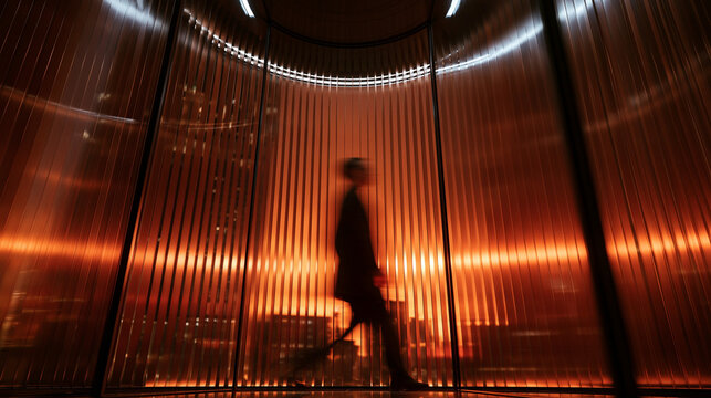 Silhouette of Person Walking in Modern Illuminated Interior