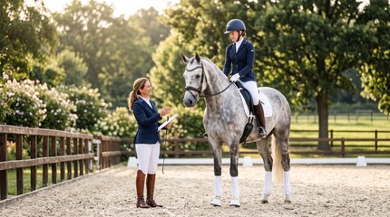 Equestrian Instructor Coaching Young Rider on Horse