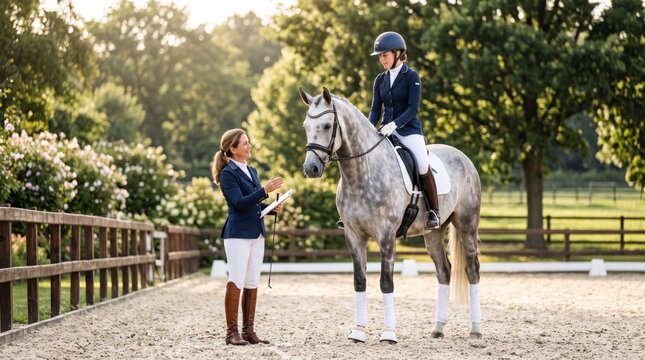 Equestrian Instructor Coaching Young Rider on Horse