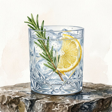 Glass of ice fresh gin lemonade, watercolor illustration