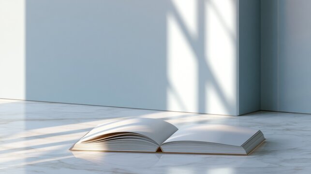 Open book lying on a white marble floor in an empty room. the book is facing towards the right side of the image, with its pages spread out and the spine facing upwards.