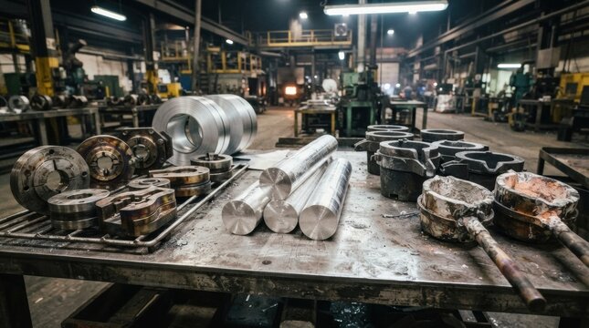 Aluminum production with billets, extrusion dies, rolled sheet coils, graphite molds, and refractory ladles on a steel table in a factory