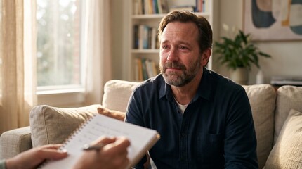 Fototapeta premium Vulnerable middle aged man crying during session with professional psychologist or therapist, mental health support and depression treatment concept.