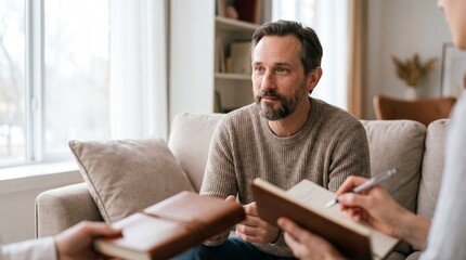 Fototapeta premium Thoughtful middle aged man in consultation with psychotherapist, discussing mental health issues during professional counseling session in bright cozy office.