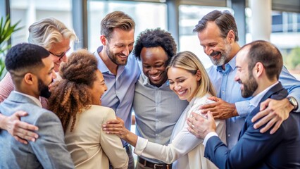 Obraz premium Diverse Group Celebrating Team Success in Modern Office Environment