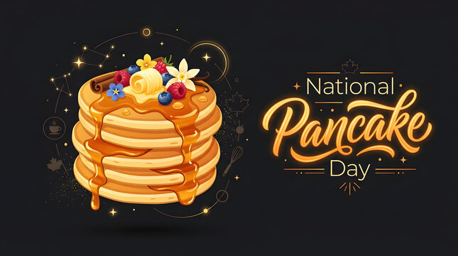 National pancake day celebratory design with golden syrup pancakes on dark background, pancakes