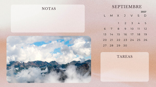 September 2027 Calendar Printable Minimalist Mountain Clouds Planner. spanish calendar