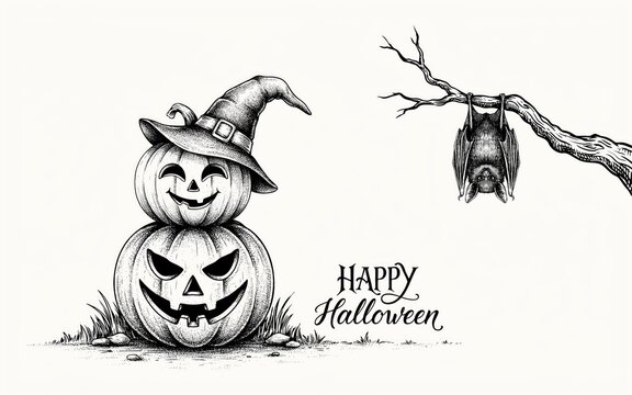Hand drawn illustration featuring stacked jack o lanterns wearing a witch hat for a happy halloween