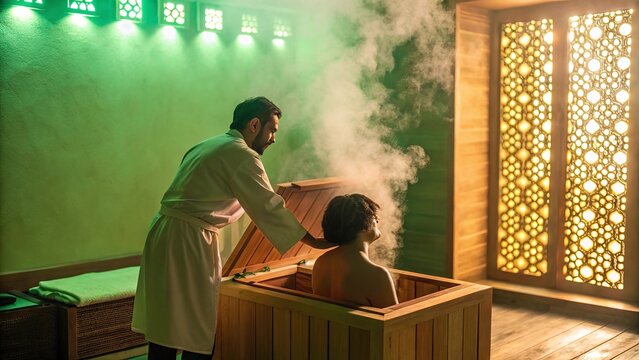 Ayurvedic treatment room with therapist preparing natural wellness therapy.