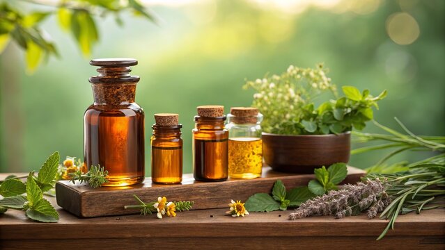 Amber bottles of Ayurvedic herbal medicine arranged for natural wellness care.