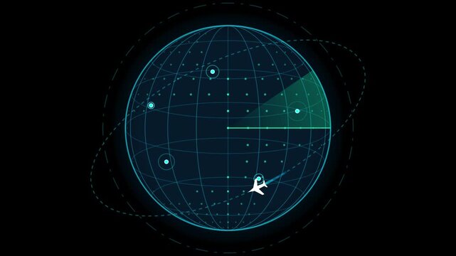 Global flight radar screen with airplane flying on orbital route over globe map for travel, aviation, tourism, transportation, navigation, route tracking, and international logistics.