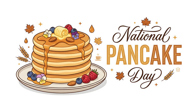 National pancake day illustration featuring a large stack of syrup pancakes with mixed berries