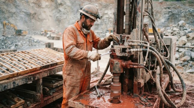 Field driller inspecting a hydraulic drill rig, tungsten carbide bit, rock core trays, hoses, and red mud in a quarry.