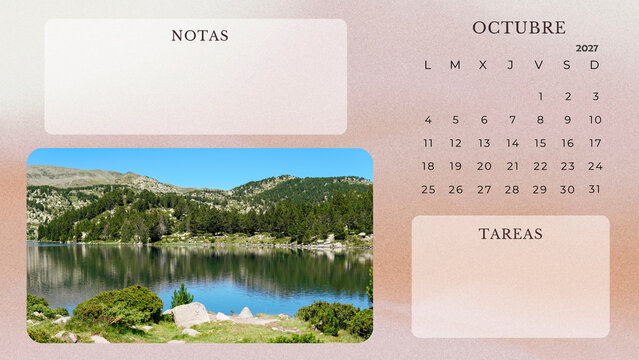 October 2027 Calendar Printable Minimalist Mountain Lake Planner. spanish calendar