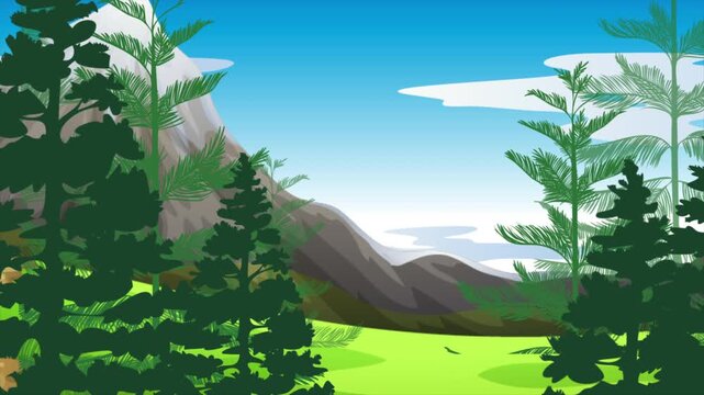 Animated Mountain Landscape with Pine Trees and Blue Sky Background