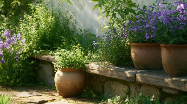 Garden with a stone wall and a wooden bench. on the bench, there are three terracotta pots with purple flowers in them. the pots are placed side by side, with one pot on the left and one on the right.