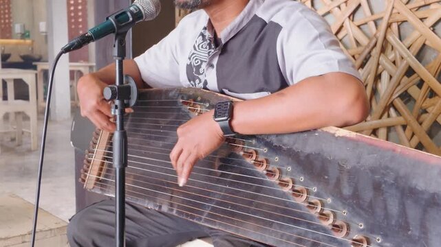 A musician playing traditional string instrument with microphone on stage.