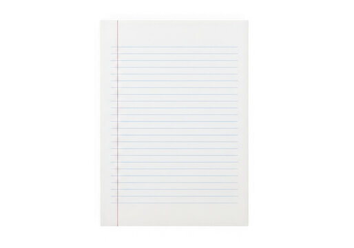 A single sheet of lined white paper with blue horizontal lines and a red margin isolated on transparent background