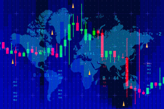 Global stock market background with world map, digital candlestick charts and financial trading data grid. Worldwide investment banking, international economy growth or fintech analytics concept.