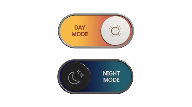 Toggle switches for day and night mode settings featuring sun and moon icons on a mobile app and website interface. 4k video animation