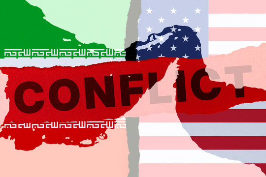 Geopolitical conflict concept with Iran and USA flags, Strait of Hormuz map contour and torn paper text. International sanctions, Persian Gulf crisis or global political tension banner.