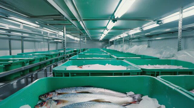 Frozen Fish on Ice in Industrial Refrigeration Unit &ndash; Seafood Processing and Storage for Commercial Use