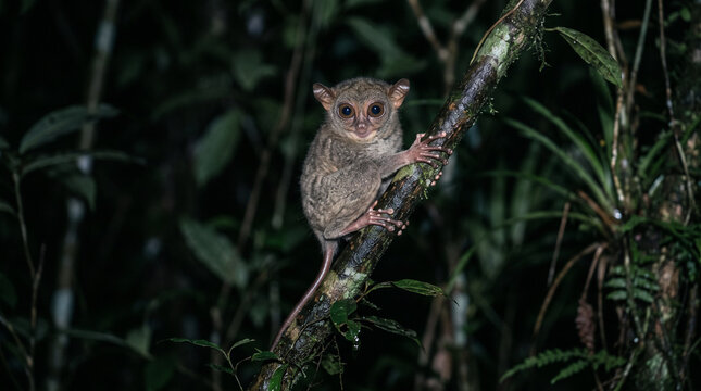 Close up shot of the Philippine Tarsier (Tarsius Syrichta)  in its natural habitat at night on Bohol Island, Philippines.

