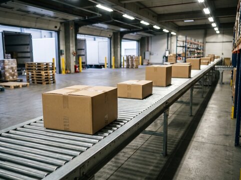 Cardboard boxes moving on a roller conveyor belt inside a large distribution warehouse for shipping packaging supply chain and logistics processing